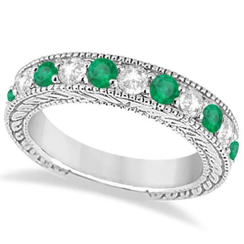 Antique Diamond & Emerald Bridal Wedding Ring Band Palladium (1.28ct)