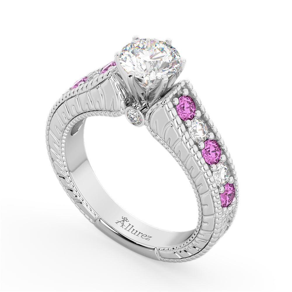 Vintage Diamond & Pink Sapphire Engagement Ring in 14k W Gold (1.41ct)