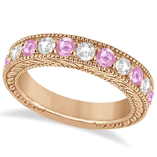 Antique Diamond & Pink Sapphire Bridal Ring Set 14k Rose Gold (2.87ct)