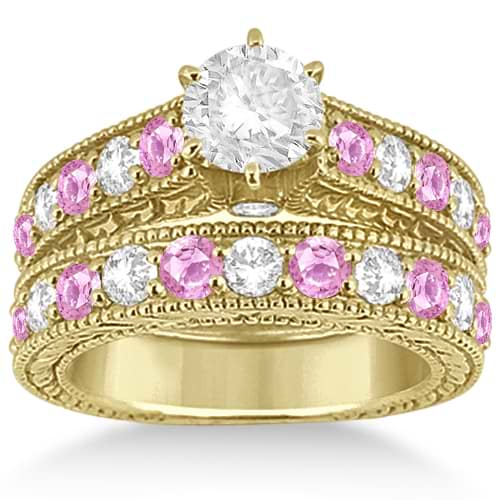 Antique Diamond & Pink Sapphire Bridal Set in 14k Yellow Gold (2.87ct)