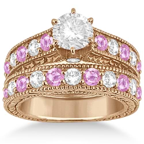 Antique Diamond & Pink Sapphire Bridal Ring Set 18k Rose Gold (2.87ct)