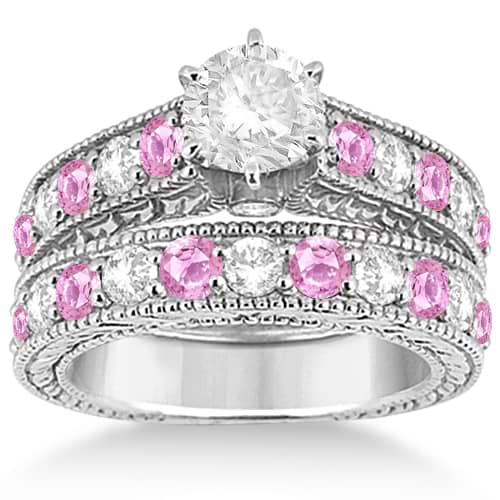 Antique Diamond & Pink Sapphire Bridal Ring Set in Platinum (2.87ct)