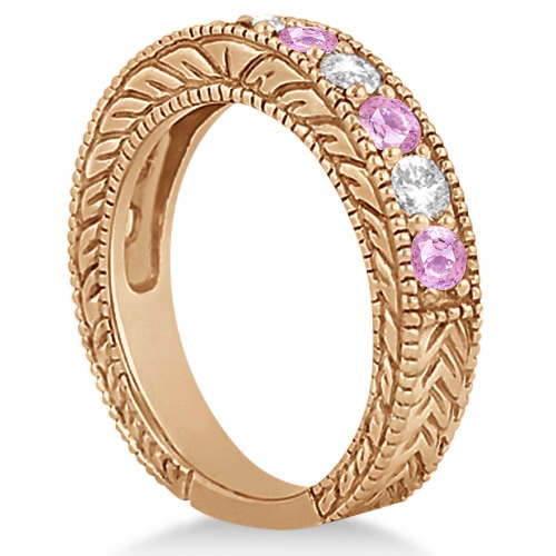 Antique Diamond & Pink Sapphire Wedding Ring in 18k Rose Gold (1.46ct)