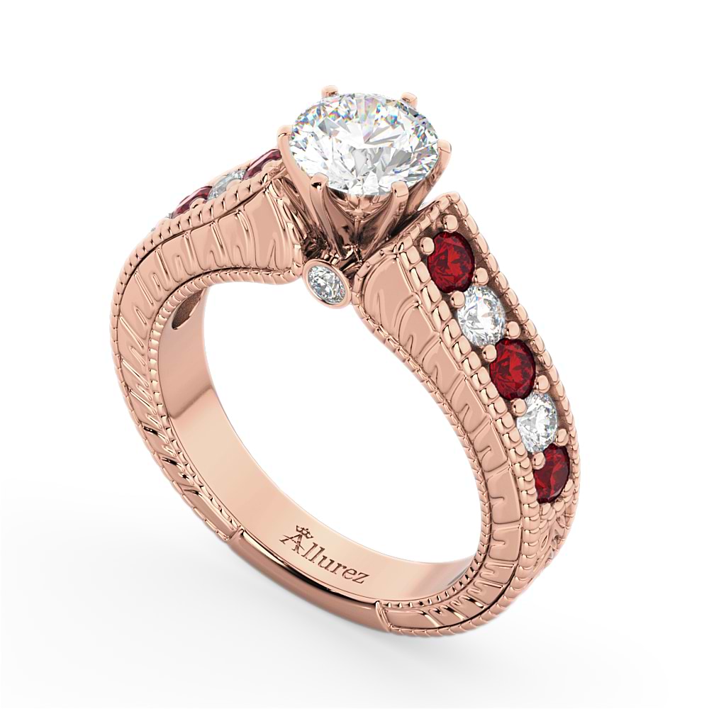 Vintage Diamond & Ruby Engagement Ring Setting 14k Rose Gold (1.35ct)