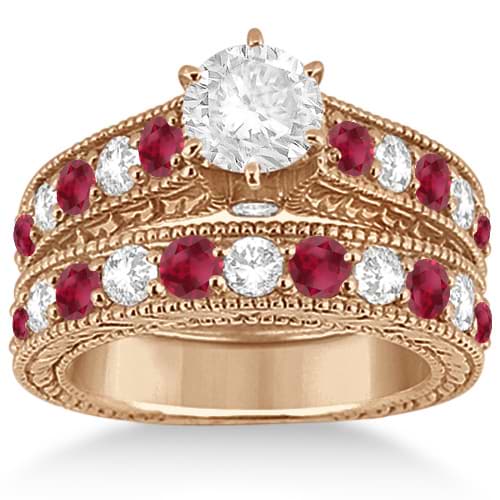 Antique Diamond & Ruby Bridal Wedding Ring Set 14k Rose Gold (2.75ct)
