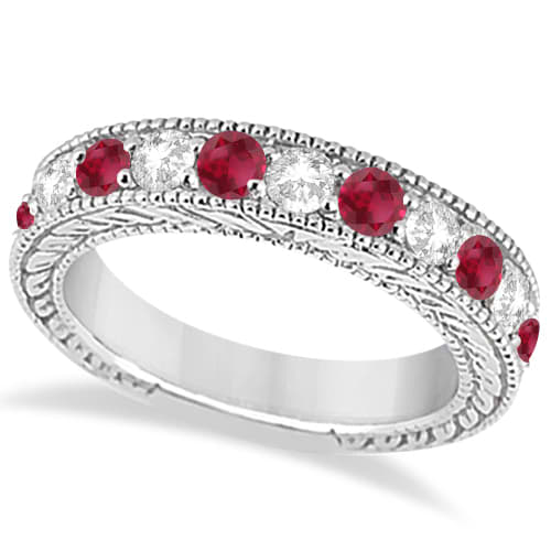 Antique Diamond & Ruby Engagement Wedding Ring 14k White Gold (1.40ct)