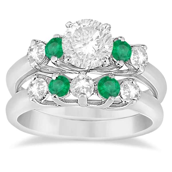 Five Stone Diamond and Emerald Bridal Ring Set 14k White Gold (0.98ct)