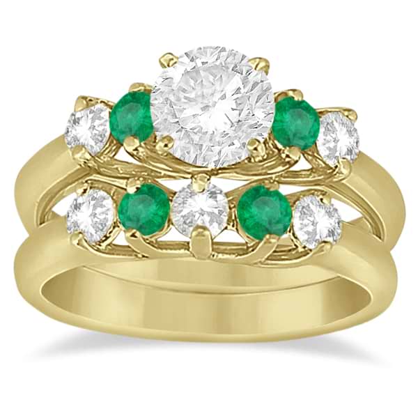 Five Stone Diamond and Emerald Bridal Ring Set 14k Yellow Gold (0.98ct)