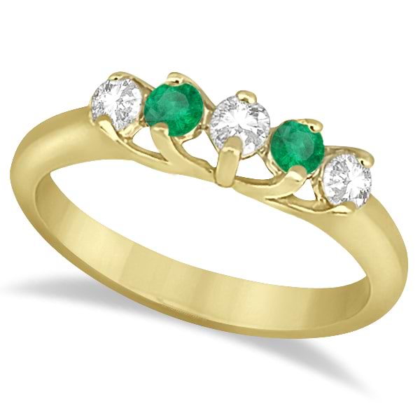 Five Stone Diamond and Emerald Wedding Band 18kt Yellow Gold (0.54ct)
