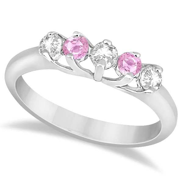 5 Stone Diamond & Pink Sapphire Bridal Ring Set 18k White Gold, 1.10ct