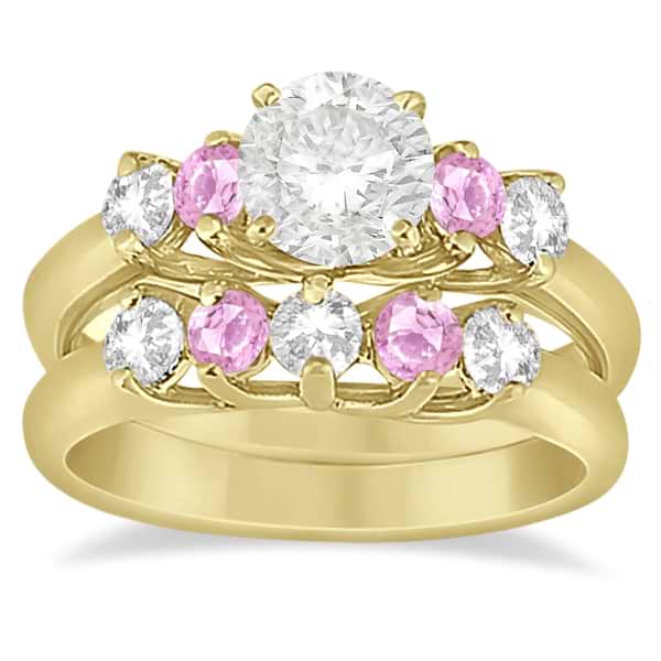 5 Stone Diamond & Pink Sapphire Bridal Ring Set 18k Yellow Gold, 1.10ct