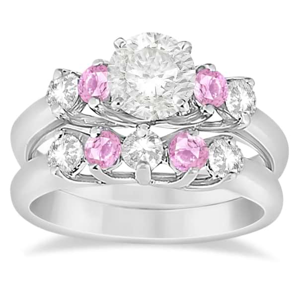 5 Stone Diamond & Pink Sapphire Bridal Ring Set Platinum, 1.10ct