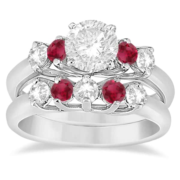 Five Stone Diamond and Ruby Bridal Ring Set Palladium (1.10ct)