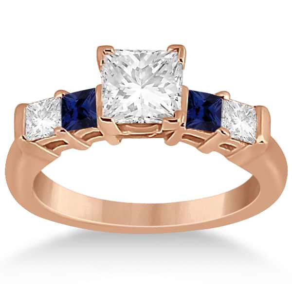 5 Stone Princess Diamond & Sapphire Engagement Ring 14K R. Gold 0.46ct