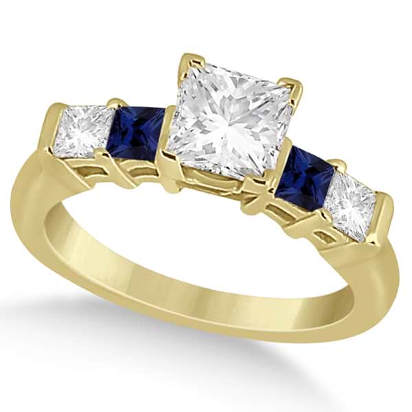 5 Stone Princess Diamond & Sapphire Engagement Ring 14K Y. Gold 0.46ct