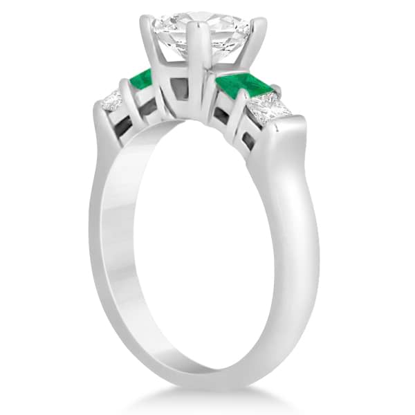 5 Stone Princess Diamond & Emerald Engagement Ring 18K W. Gold 0.46ct