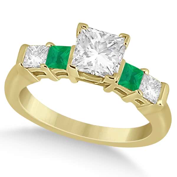 5 Stone Princess Diamond & Emerald Engagement Ring 18K Y. Gold 0.46ct