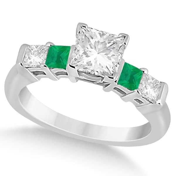 5 Stone Princess Diamond & Emerald Engagement Ring Palladium 0.46ct