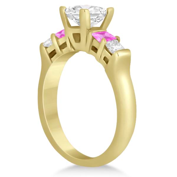 5 Stone Diamond & Pink Sapphire Engagement Ring 14K Yellow Gold 0.46ct