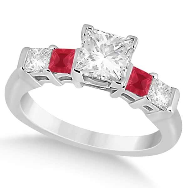 5 Stone Princess Diamond & Ruby Engagement Ring 14K White Gold 0.46ct