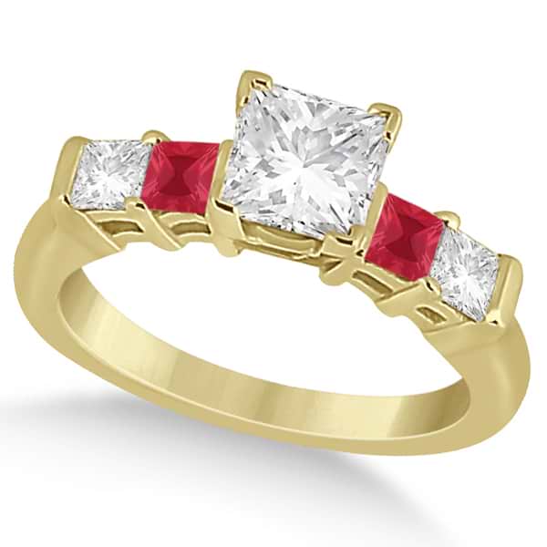 5 Stone Princess Diamond & Ruby Engagement Ring 14K Yellow Gold 0.46ct