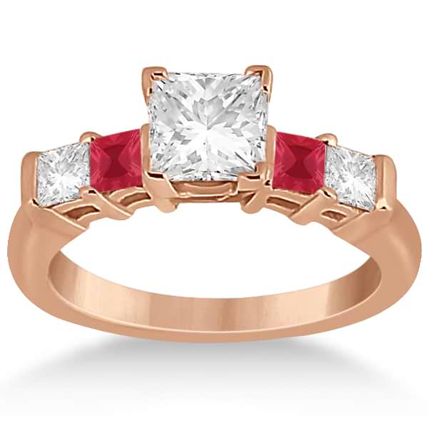5 Stone Princess Diamond & Ruby Engagement Ring 18K Rose Gold 0.46ct