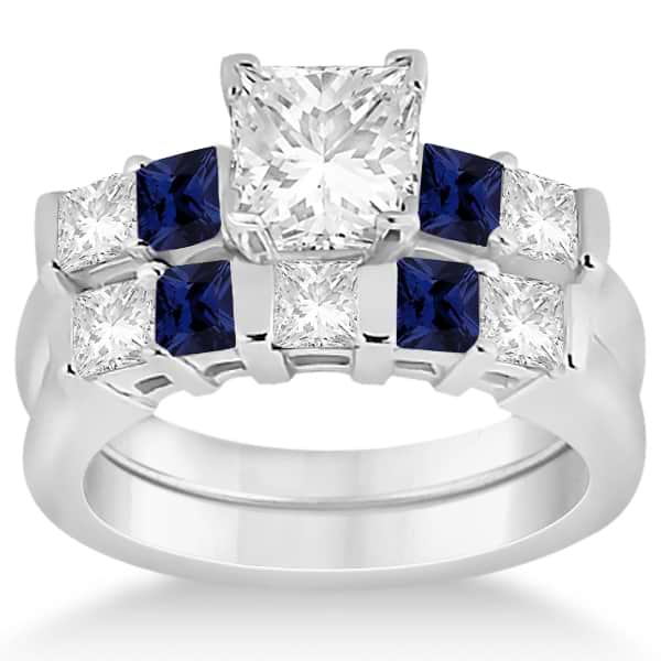 5 Stone Diamond & Blue Sapphire Bridal Set 14K White Gold 1.02ct