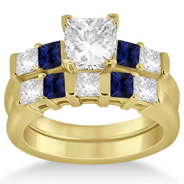 5 Stone Diamond & Blue Sapphire Bridal Set 14K Yellow Gold 1.02ct