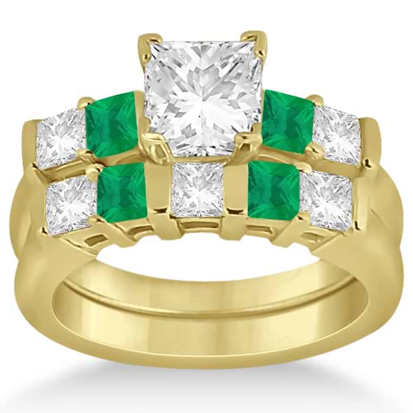 5 Stone Diamond & Green Emerald Bridal Ring Set 14K Yellow Gold 1.02ct