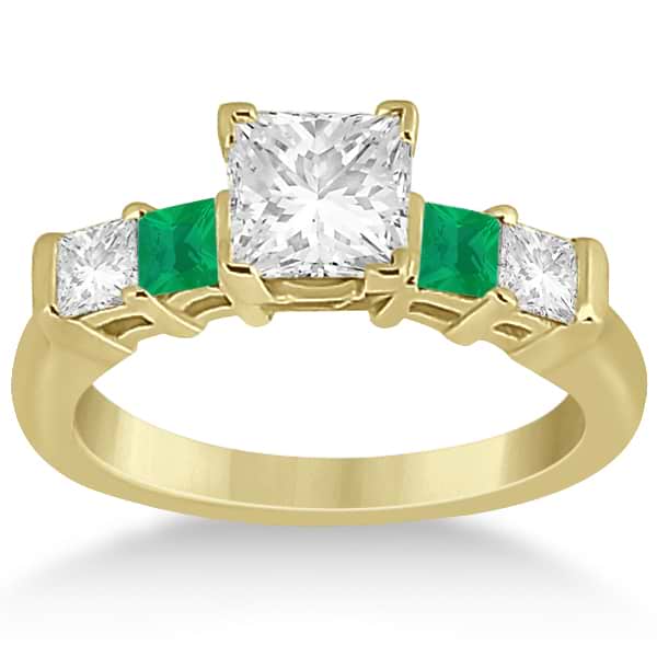 5 Stone Diamond & Green Emerald Bridal Ring Set 14K Yellow Gold 1.02ct
