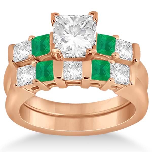 5 Stone Diamond & Green Emerald Bridal Ring Set 18k Rose Gold 1.02ct