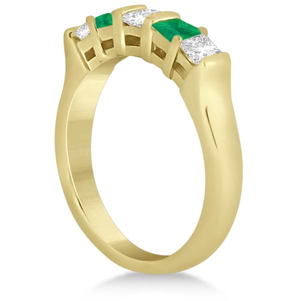 5 Stone Diamond & Green Emerald Bridal Ring Set 18k Yellow Gold 1.02ct