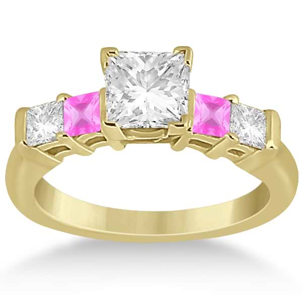 5 Stone Diamond & Pink Sapphire Bridal Set 14K Yellow Gold 1.02ct
