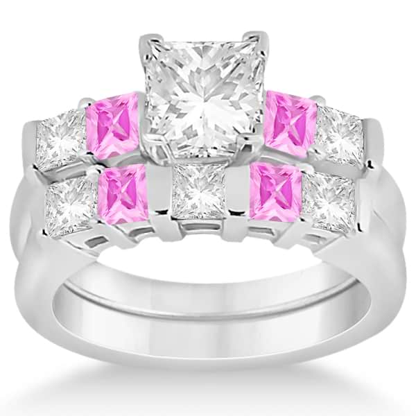 5 Stone Diamond & Pink Sapphire Bridal Set Platinum 1.02ct