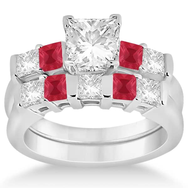 5 Stone Princess Diamond & Ruby Bridal Ring Set 14K White Gold 1.02ct