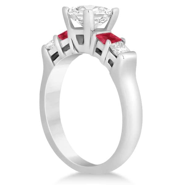 5 Stone Princess Diamond & Ruby Bridal Ring Set 14K White Gold 1.02ct