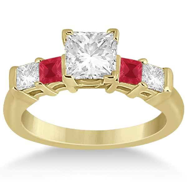 5 Stone Princess Diamond & Ruby Bridal Ring Set 14K Yellow Gold 1.02ct