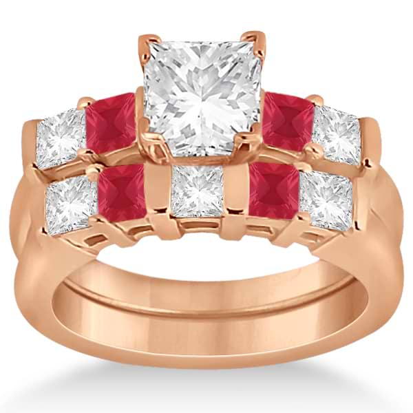 5 Stone Princess Diamond & Ruby Bridal Ring Set 18k Rose Gold 1.02ct