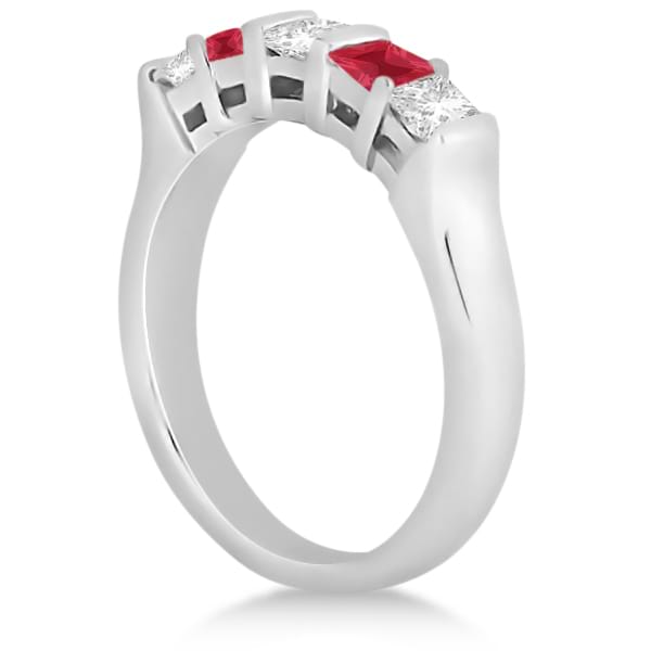 5 Stone Princess Diamond & Ruby Bridal Ring Set 18k White Gold 1.02ct
