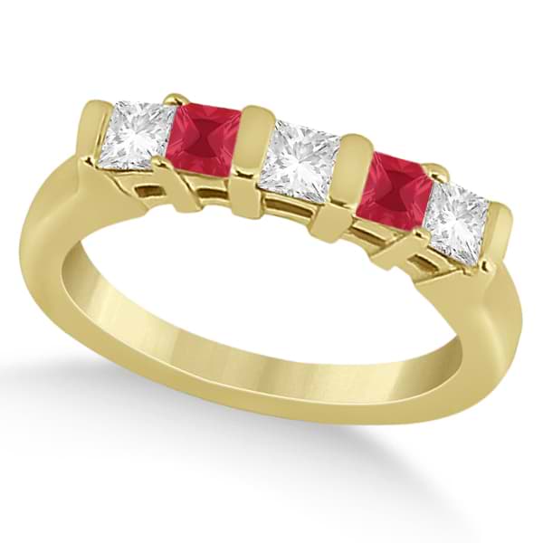5 Stone Princess Diamond & Ruby Bridal Ring Set 18k Yellow Gold 1.02ct
