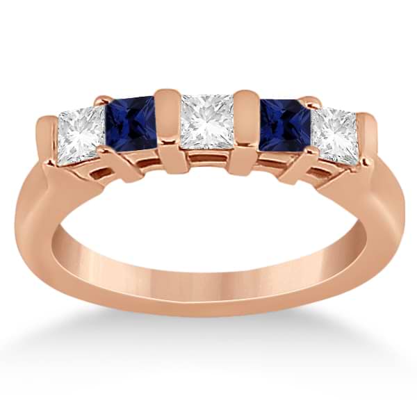 5 Stone Diamond & Blue Sapphire Princess Ring 14K Rose Gold 0.56ct