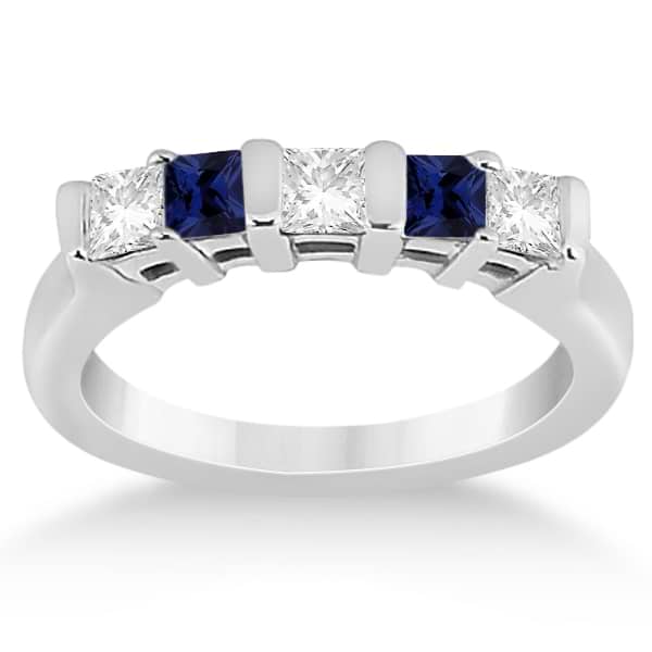 5 Stone Diamond & Blue Sapphire Princess Ring Palladium 0.56ct