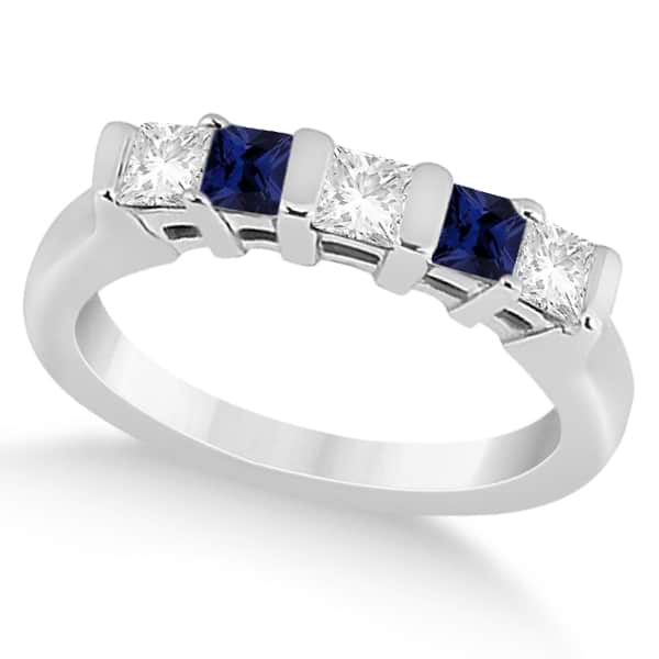 5 Stone Diamond & Blue Sapphire Princess Ring Platinum 0.56ct