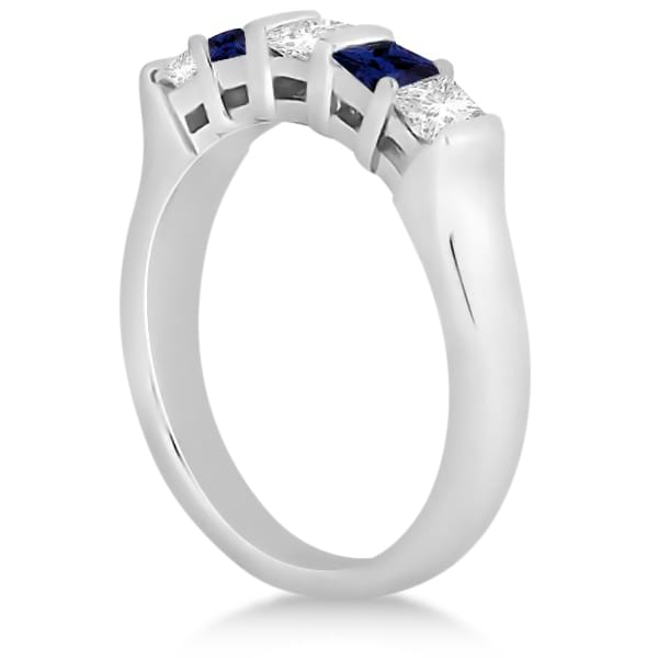 5 Stone Diamond & Blue Sapphire Princess Ring Platinum 0.56ct