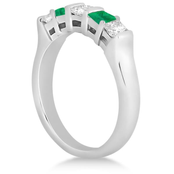 5 Stone Diamond & Green Emerald Princess Ring 14K White Gold 0.56ct
