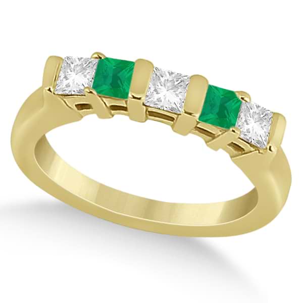 5 Stone Diamond & Green Emerald Princess Ring 14K Yellow Gold 0.56ct