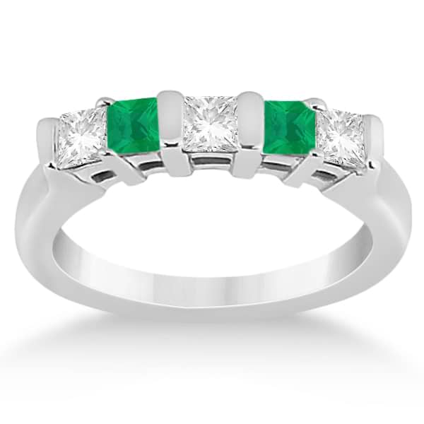5 Stone Diamond & Green Emerald Princess Ring 18K White Gold 0.56ct