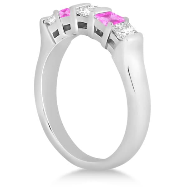 5 Stone Diamond & Pink Sapphire Princess Ring 14K White Gold 0.56ct