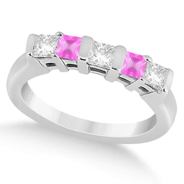 5 Stone Diamond & Pink Sapphire Princess Ring 18K White Gold 0.56ct