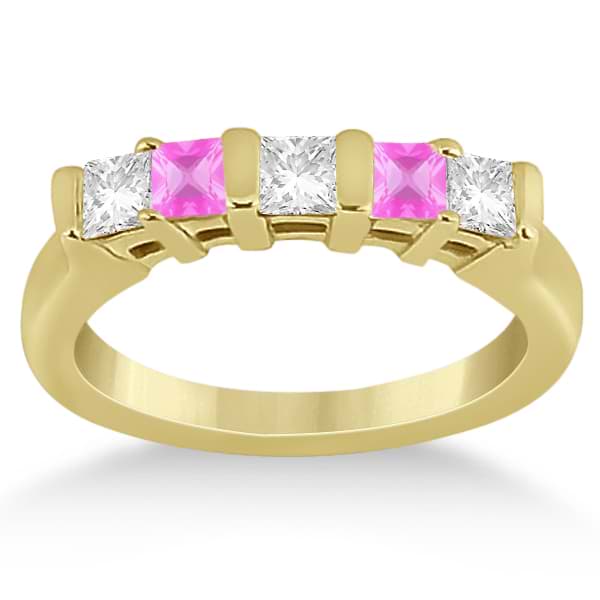 5 Stone Diamond & Pink Sapphire Princess Ring 18K Yellow Gold 0.56ct